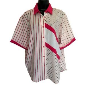 Vintage Short Sleeve Button-Up Shirt in White and Fuchsia Polka Dots Size 20W